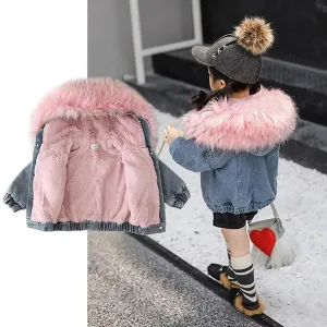 2 Colors Fashion Baby Toddler  Winter Fur Denim Jacket Pink and Gray