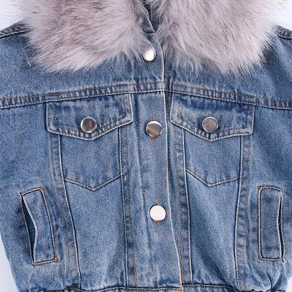 2 Colors Fashion Baby Toddler  Winter Fur Denim Jacket Pink and Gray