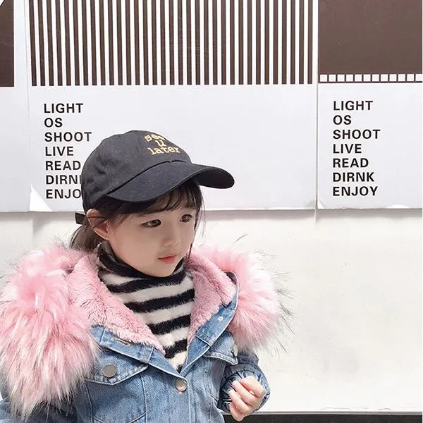 2 Colors Fashion Baby Toddler  Winter Fur Denim Jacket Pink and Gray