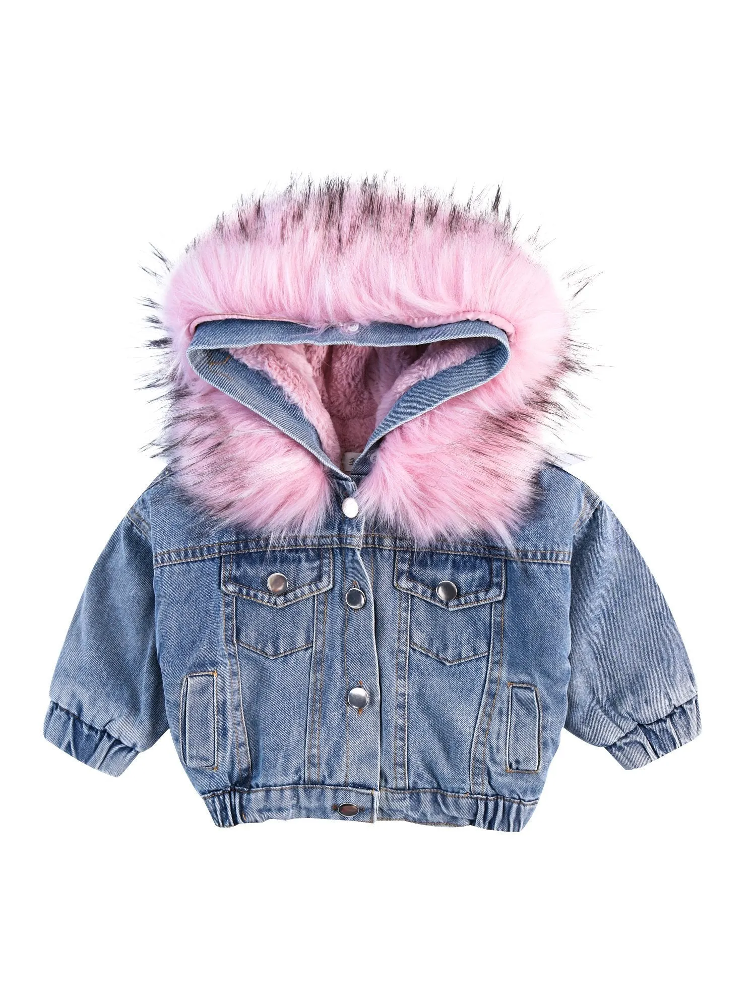 2 Colors Fashion Baby Toddler  Winter Fur Denim Jacket Pink and Gray