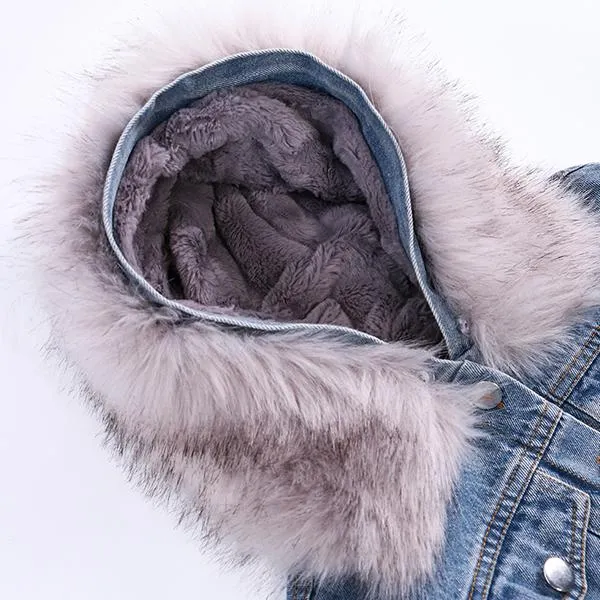 2 Colors Fashion Baby Toddler  Winter Fur Denim Jacket Pink and Gray