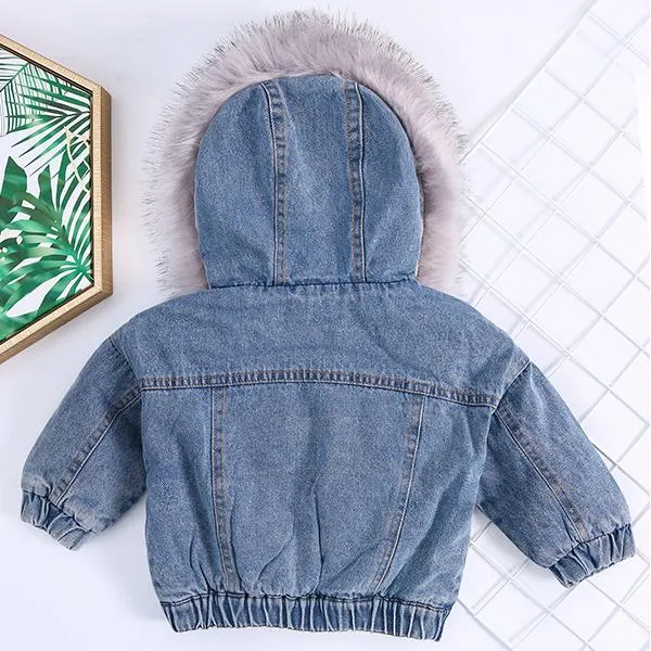 2 Colors Fashion Baby Toddler  Winter Fur Denim Jacket Pink and Gray