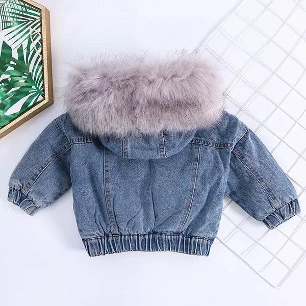 2 Colors Fashion Baby Toddler  Winter Fur Denim Jacket Pink and Gray