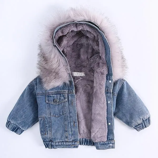 2 Colors Fashion Baby Toddler  Winter Fur Denim Jacket Pink and Gray