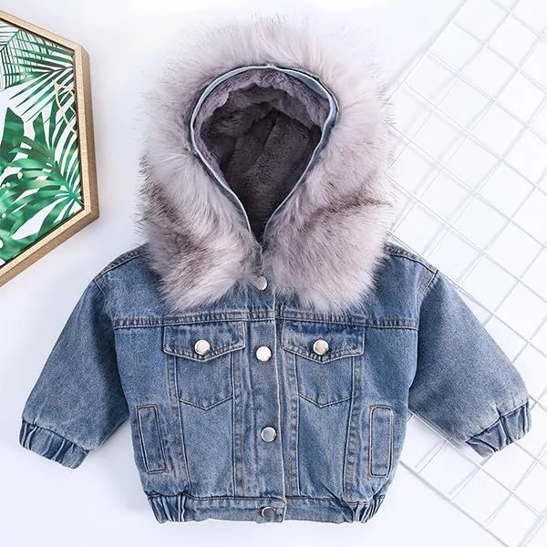 2 Colors Fashion Baby Toddler  Winter Fur Denim Jacket Pink and Gray