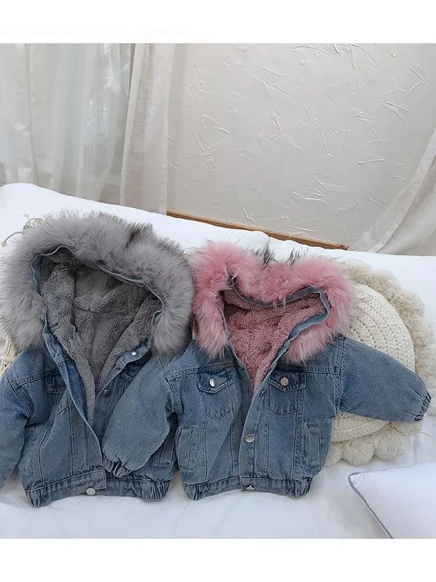 2 Colors Fashion Baby Toddler  Winter Fur Denim Jacket Pink and Gray