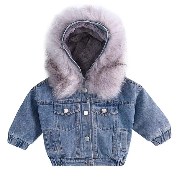 2 Colors Fashion Baby Toddler  Winter Fur Denim Jacket Pink and Gray