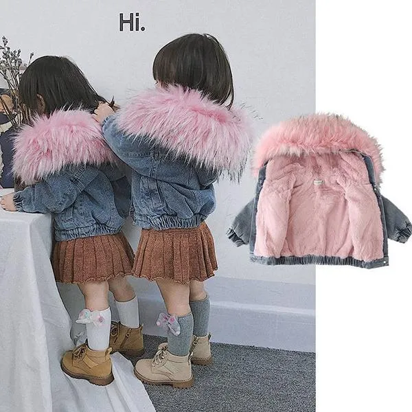 2 Colors Fashion Baby Toddler  Winter Fur Denim Jacket Pink and Gray