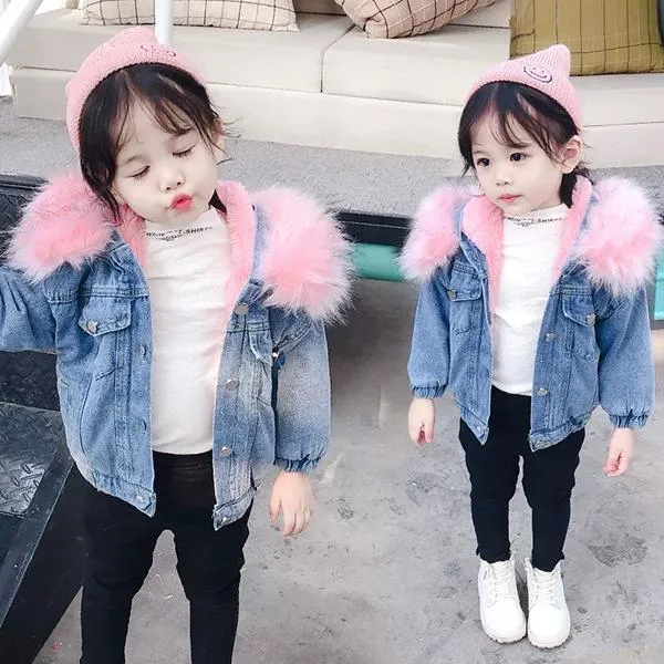 2 Colors Fashion Baby Toddler  Winter Fur Denim Jacket Pink and Gray