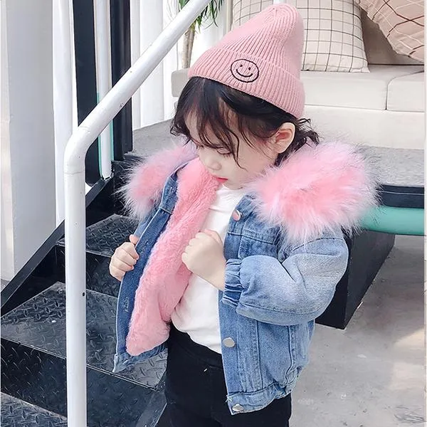 2 Colors Fashion Baby Toddler  Winter Fur Denim Jacket Pink and Gray