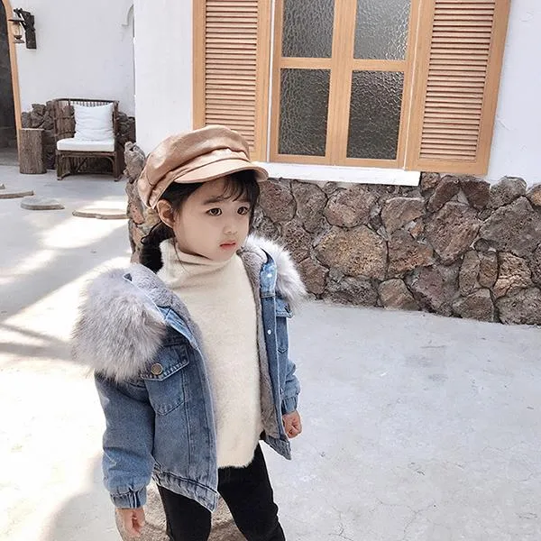 2 Colors Fashion Baby Toddler  Winter Fur Denim Jacket Pink and Gray