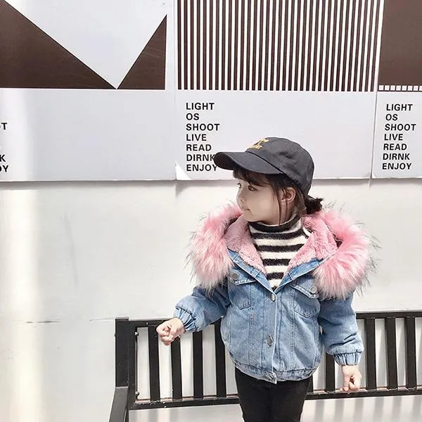 2 Colors Fashion Baby Toddler  Winter Fur Denim Jacket Pink and Gray