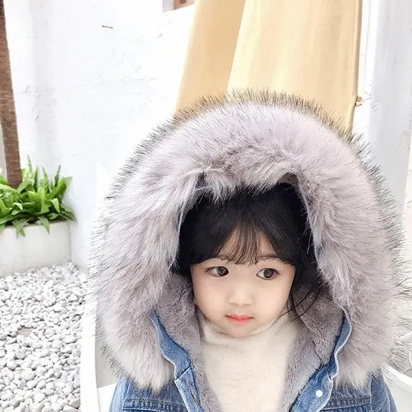 2 Colors Fashion Baby Toddler  Winter Fur Denim Jacket Pink and Gray