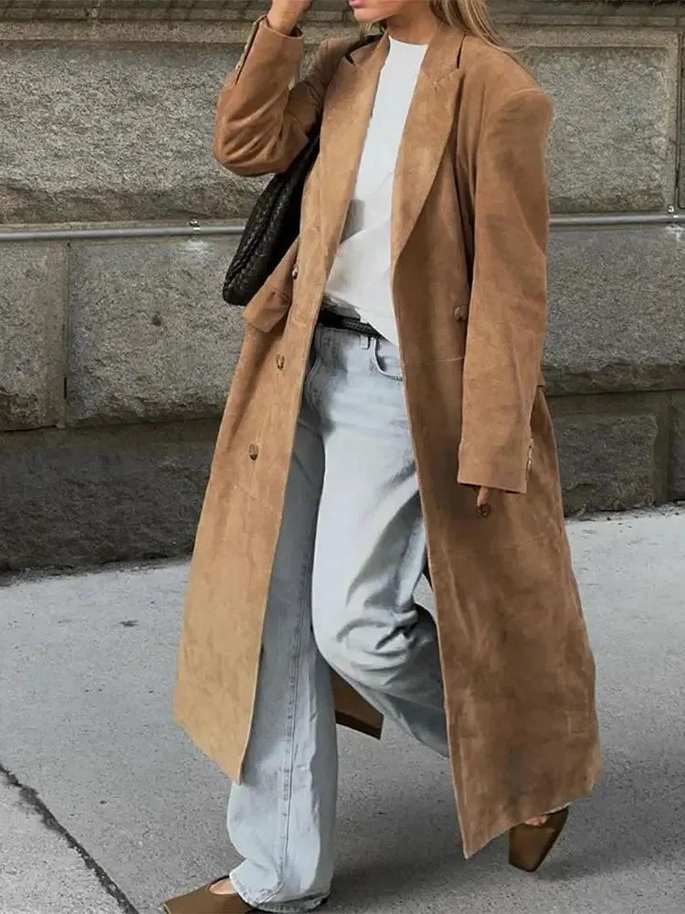 Advbridge Lapel Long Windbreaker Jacket Elegant Casual Suede Leather Women's Trench Coat Oversize Autumn Commute Street Outerwear