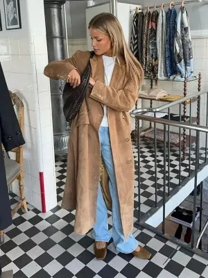 Advbridge Lapel Long Windbreaker Jacket Elegant Casual Suede Leather Women's Trench Coat Oversize Autumn Commute Street Outerwear