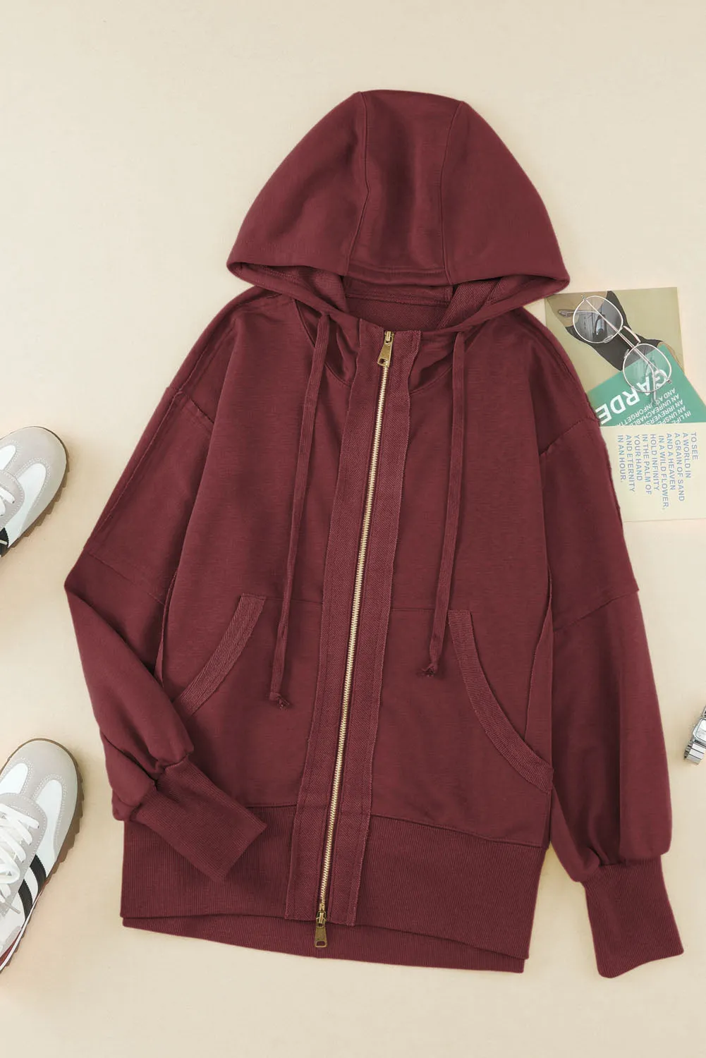 Brown Exposed Seam Zip-Up Hoodie with Raw Hem