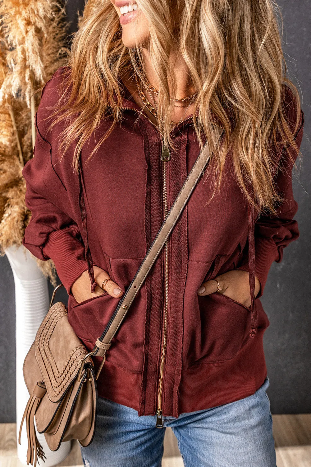 Brown Exposed Seam Zip-Up Hoodie with Raw Hem