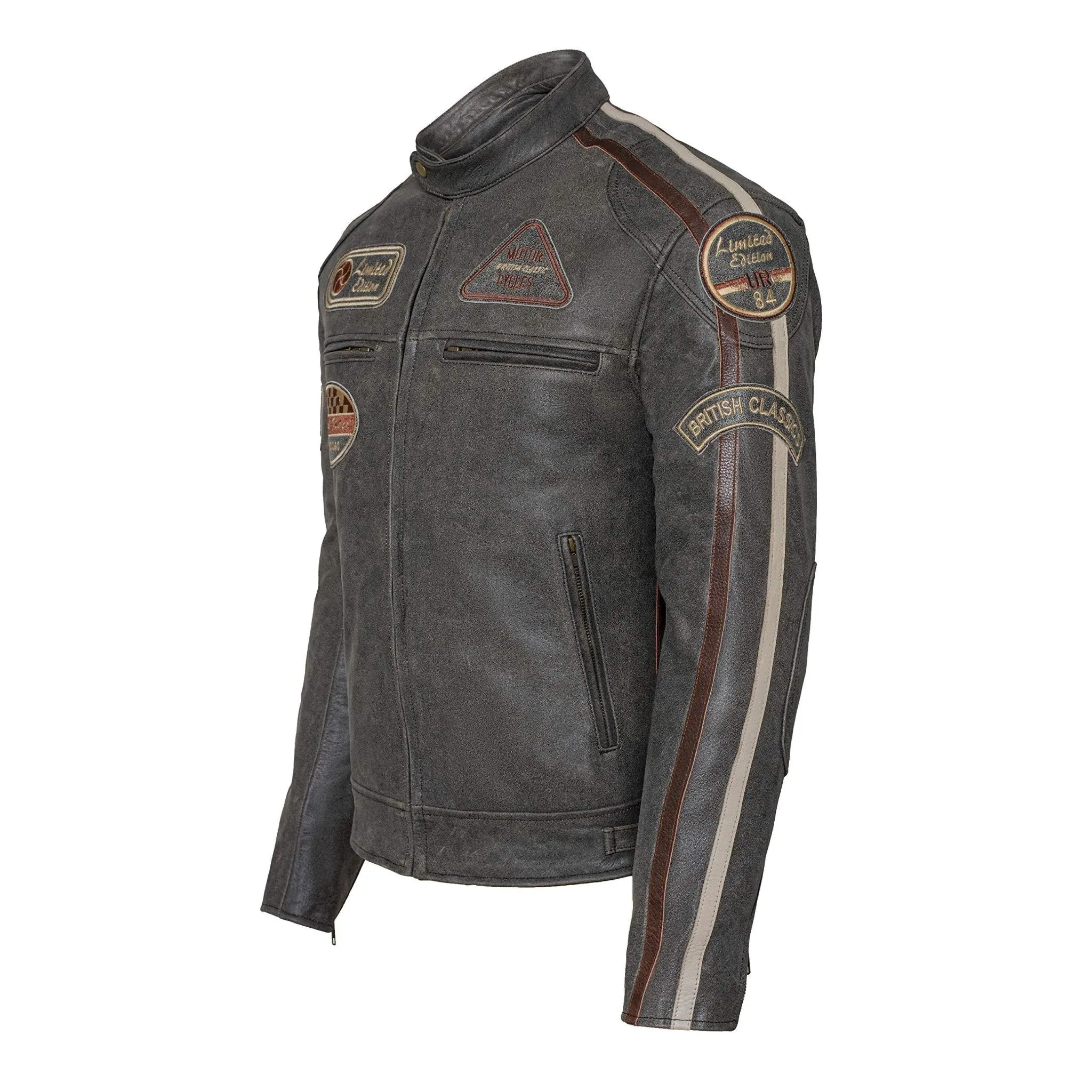 Classic Mens British Striped Biker Leather Jacket with Badges Motorcycle