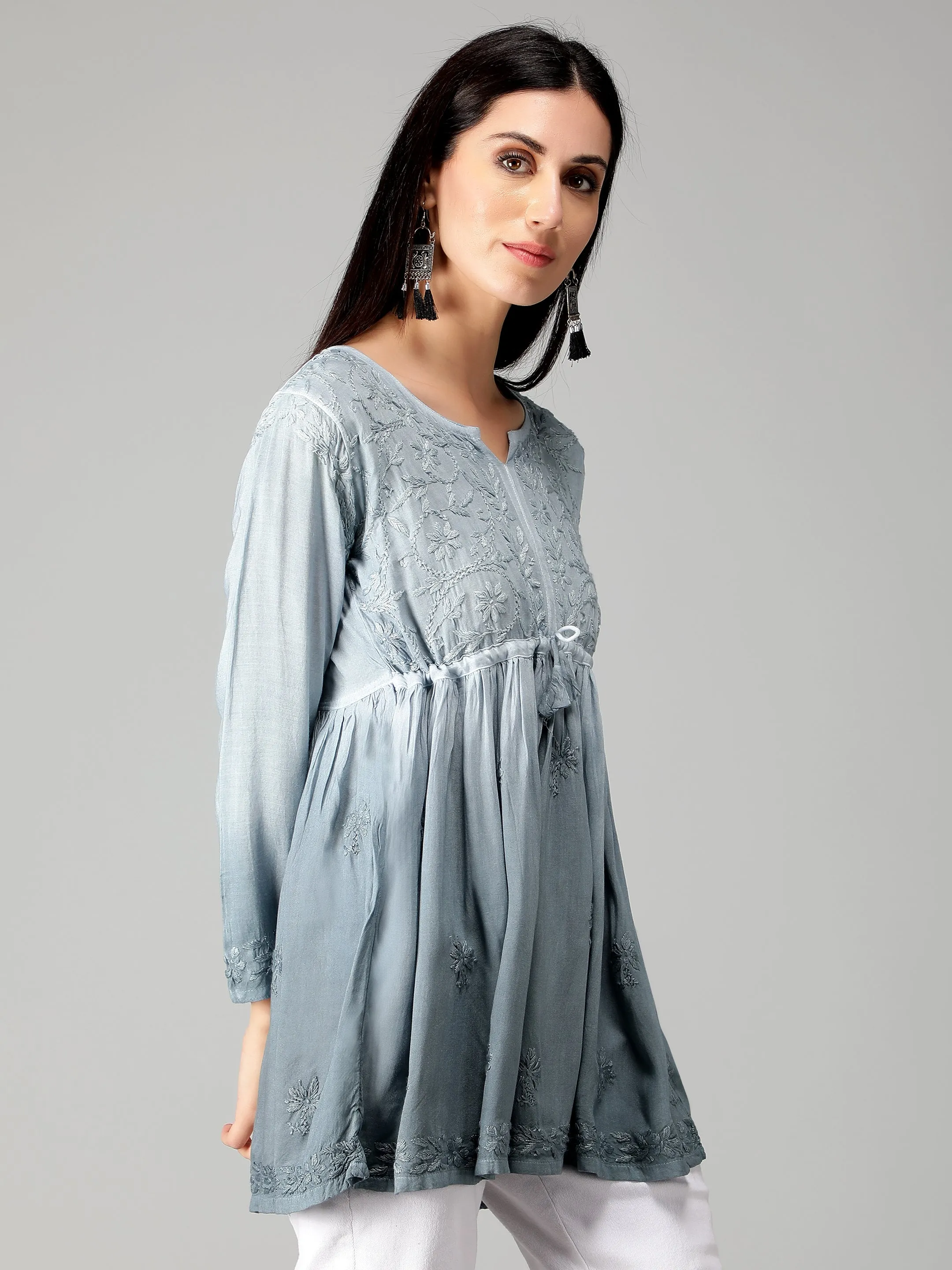 Grey Chikankari Short Flare Tunic Top