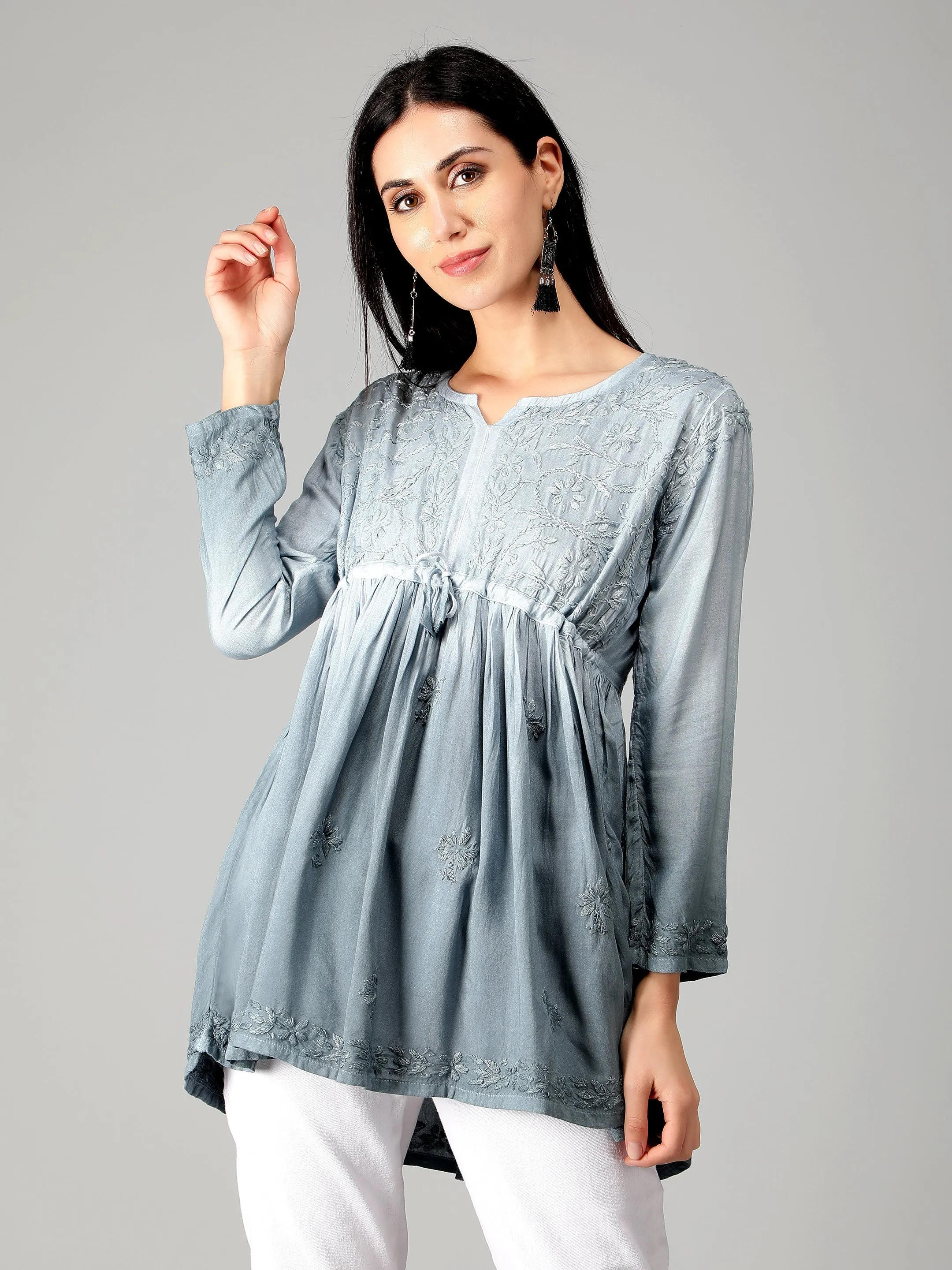 Grey Chikankari Short Flare Tunic Top