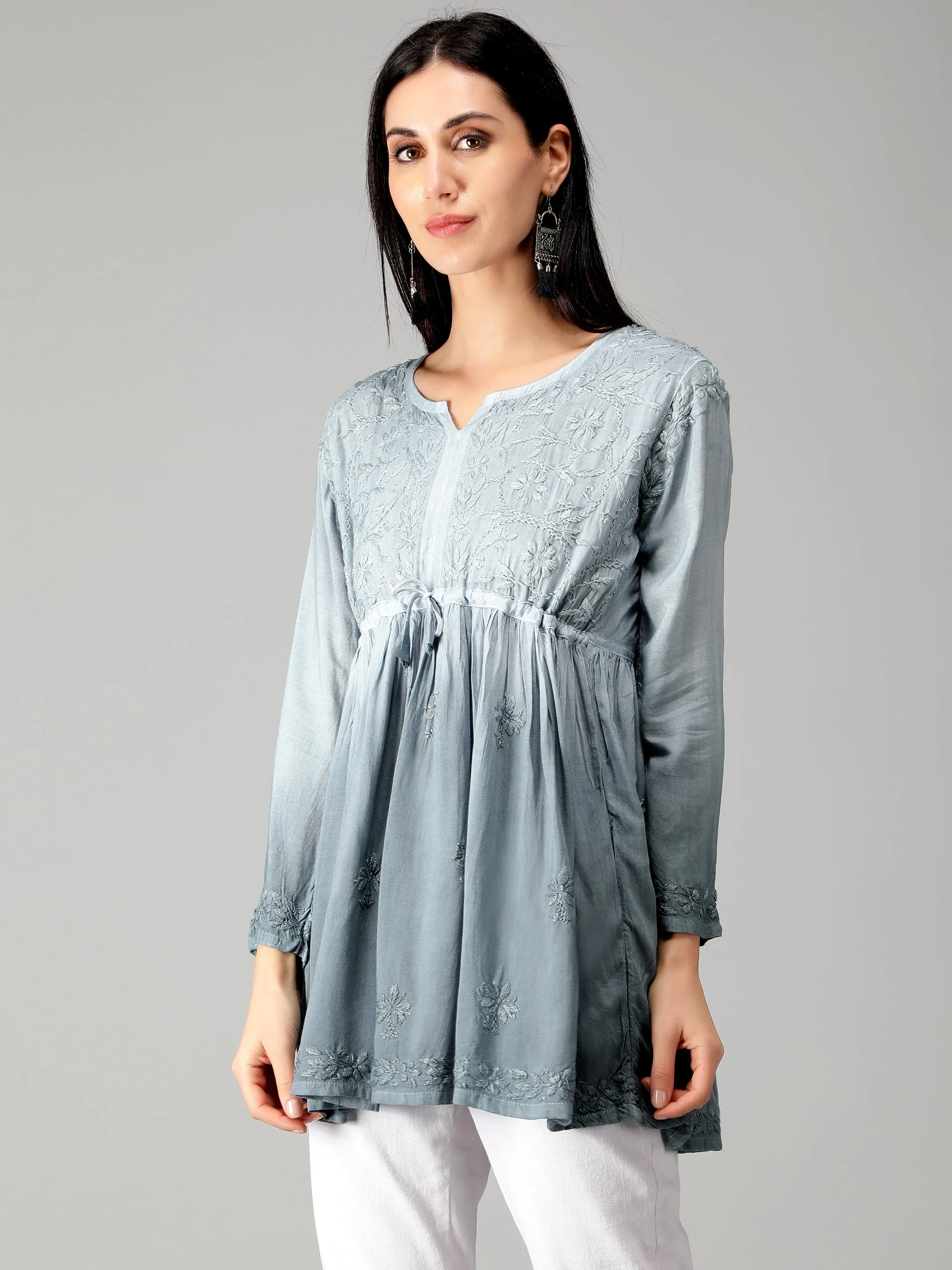 Grey Chikankari Short Flare Tunic Top