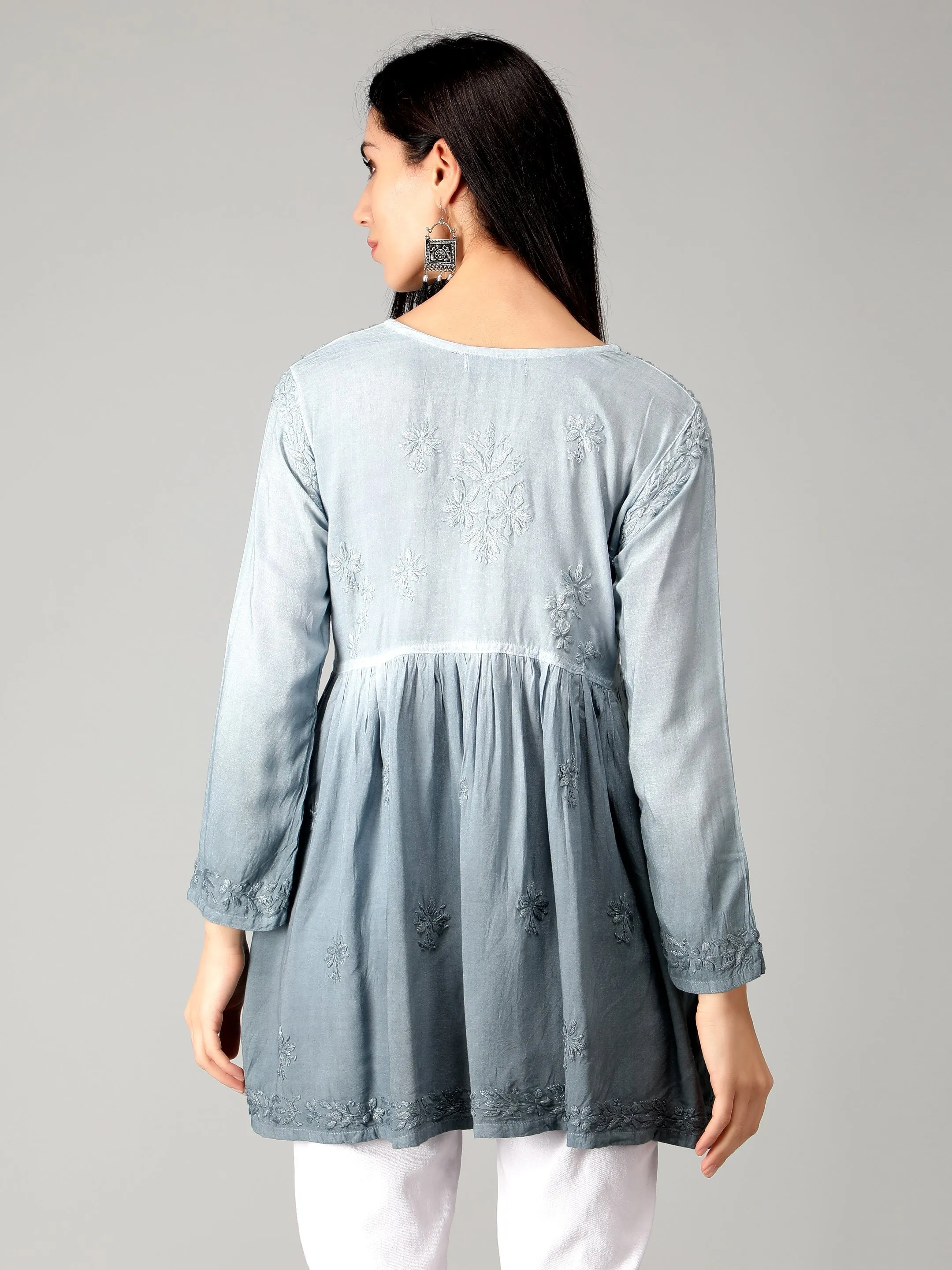 Grey Chikankari Short Flare Tunic Top