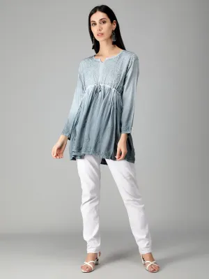 Grey Chikankari Short Flare Tunic Top