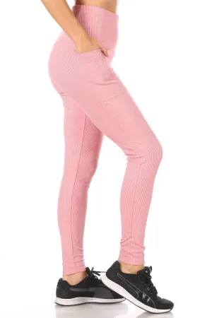 High Waist Rib Knit Leggings With Side Pockets - Mauve