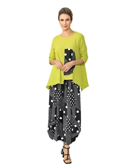 IC Collection Polka-Dot Trim Asymmetric Tunic in Lime/Black/White - 7068T