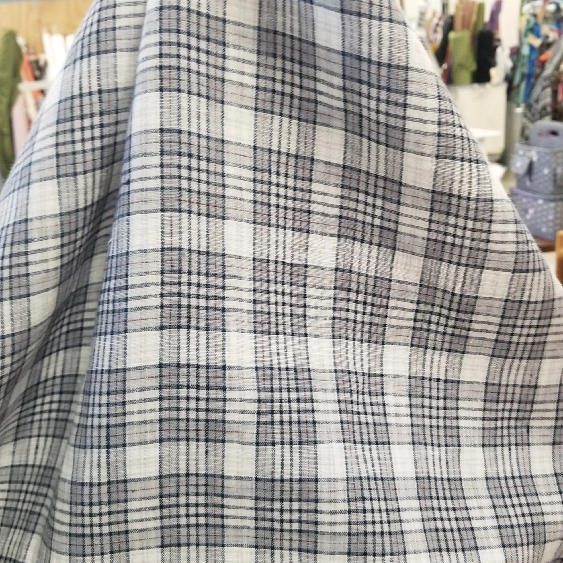 Irish Linen Plaid Navy and Ivory Shirting Spence Bryson Woven 165 GSM- by the yard