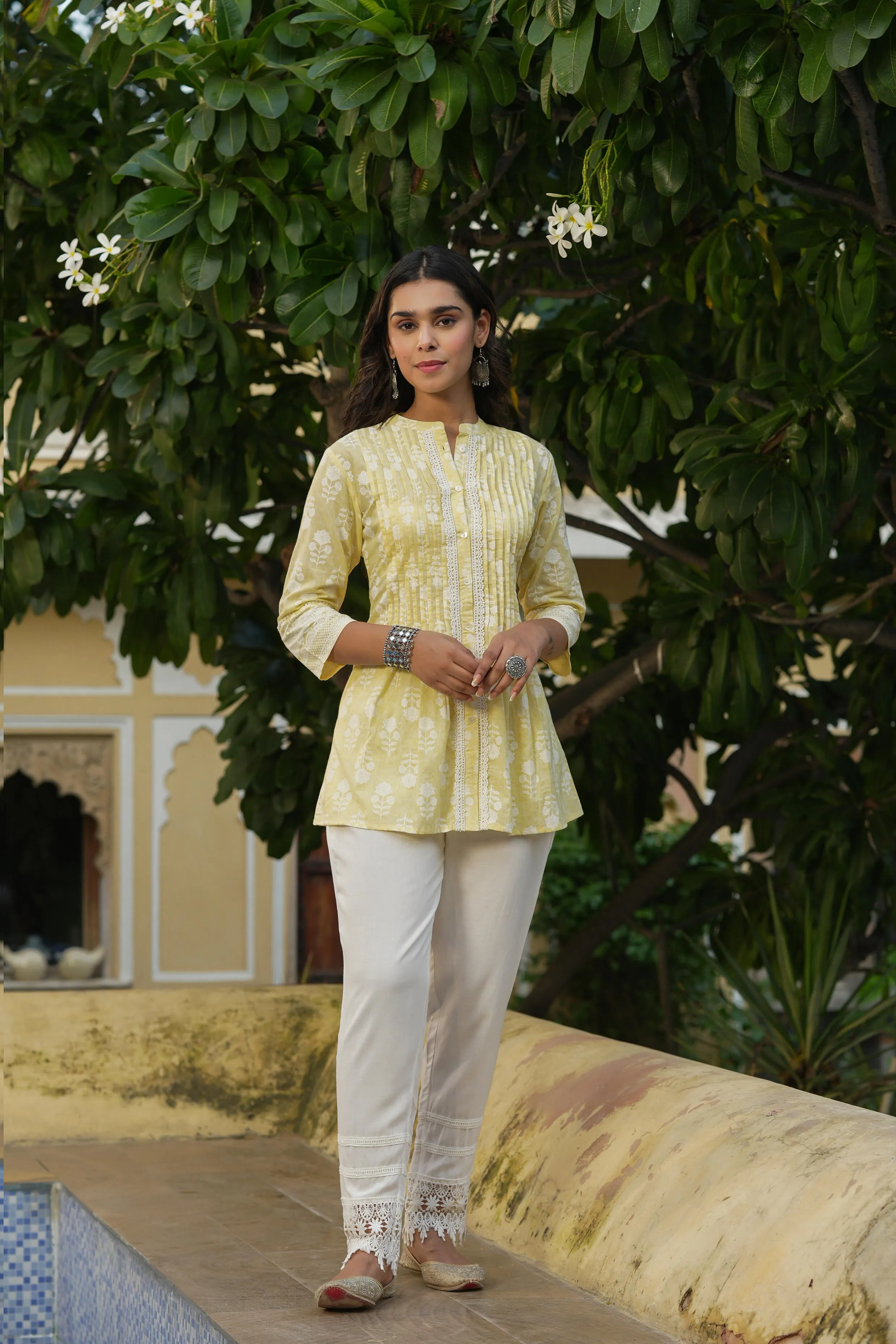 Juniper Light Yellow Ethnic Motif Pure Cotton Tunic with Lace Work