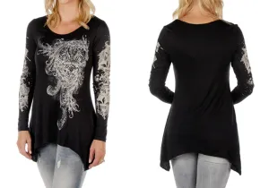 Liberty Wear - Fleur de Lis Scrolls, Long Sleeve, Sharkbite Hem Rhinestone Top