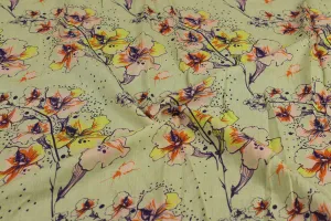 Light Green Floral Printed Viscose Cotton Blend Fabric