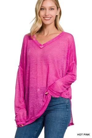 MELANGE BURNOUT DOLMAN SLEEVE V-NECK TOP