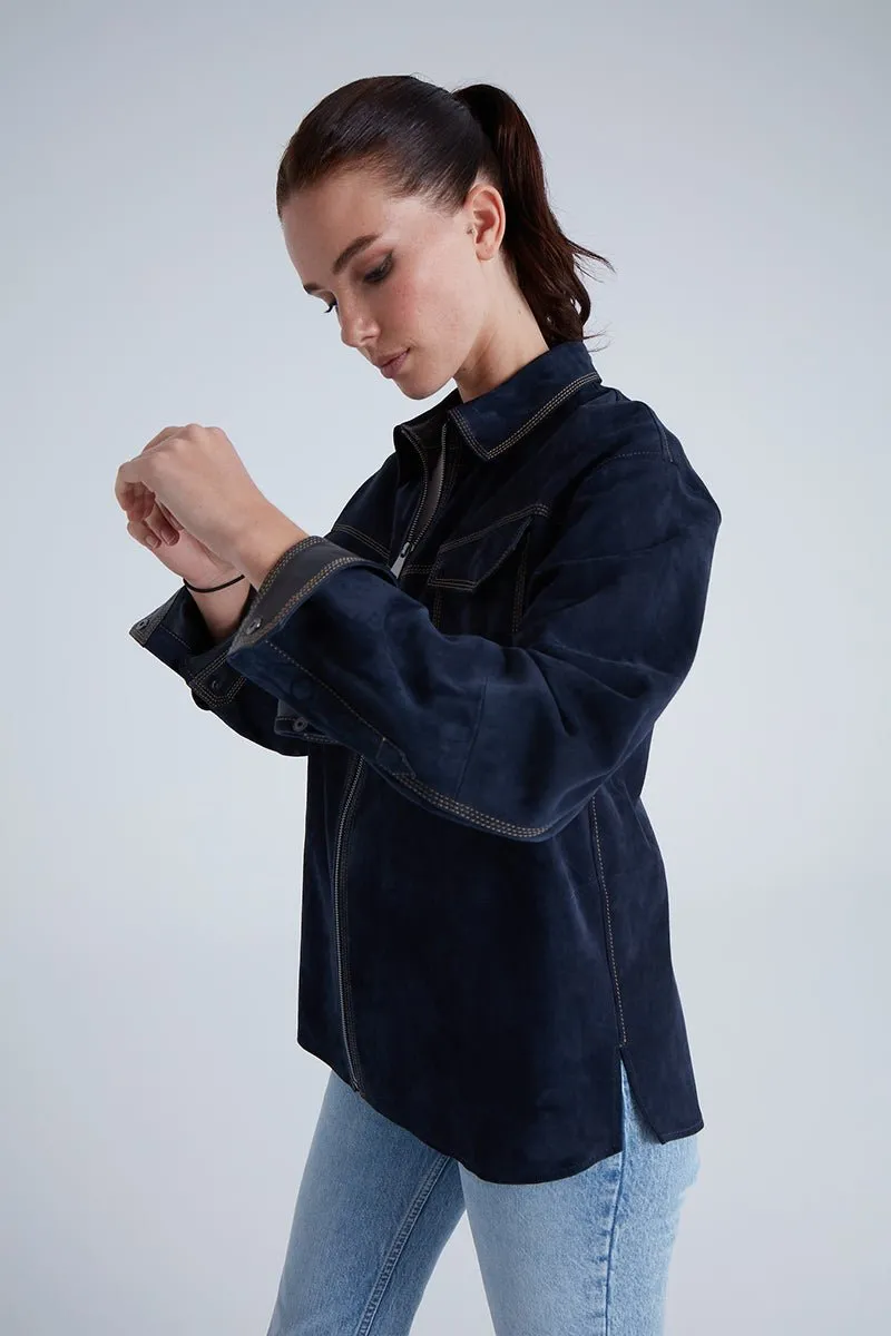 Nika Women's Suede Leather Shirt - Navy Blue