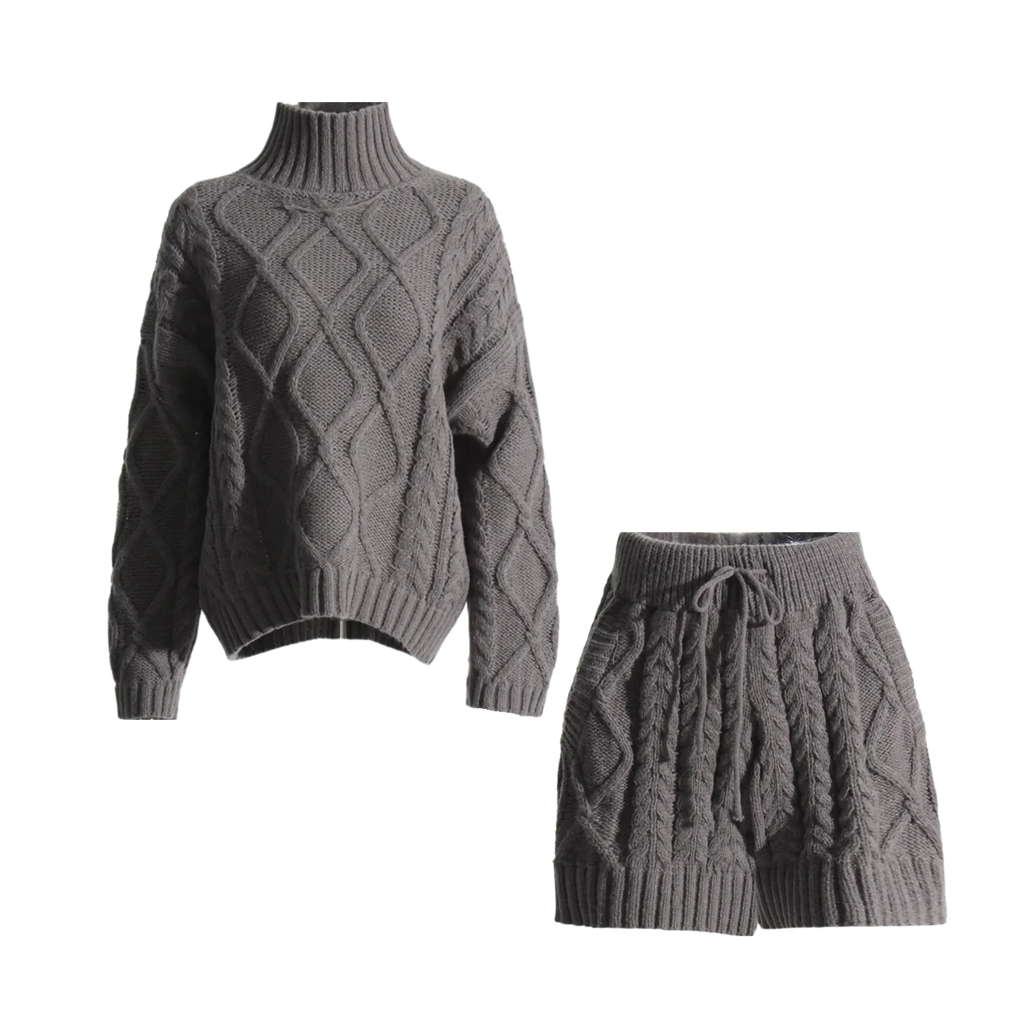 Pre Order:  Turtleneck Sweater Tie-Waist Shorts Cableknit Set