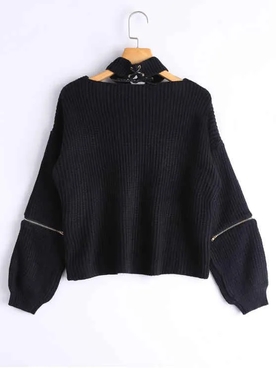 TastyHottie - Chic Zipper Sleeve Chunky Choker Sweater