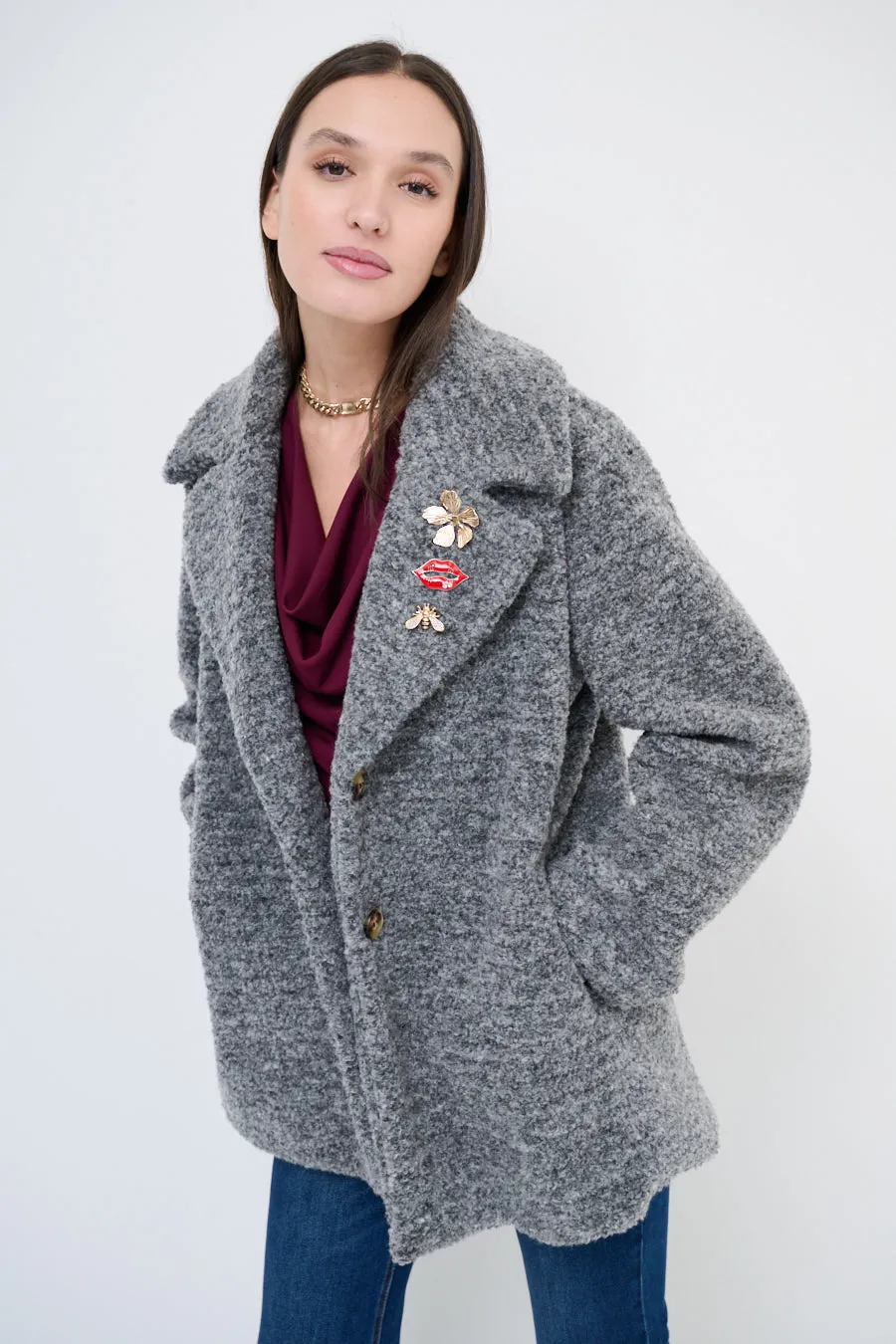 Textured double-breasted coat with lapel collar wholesale