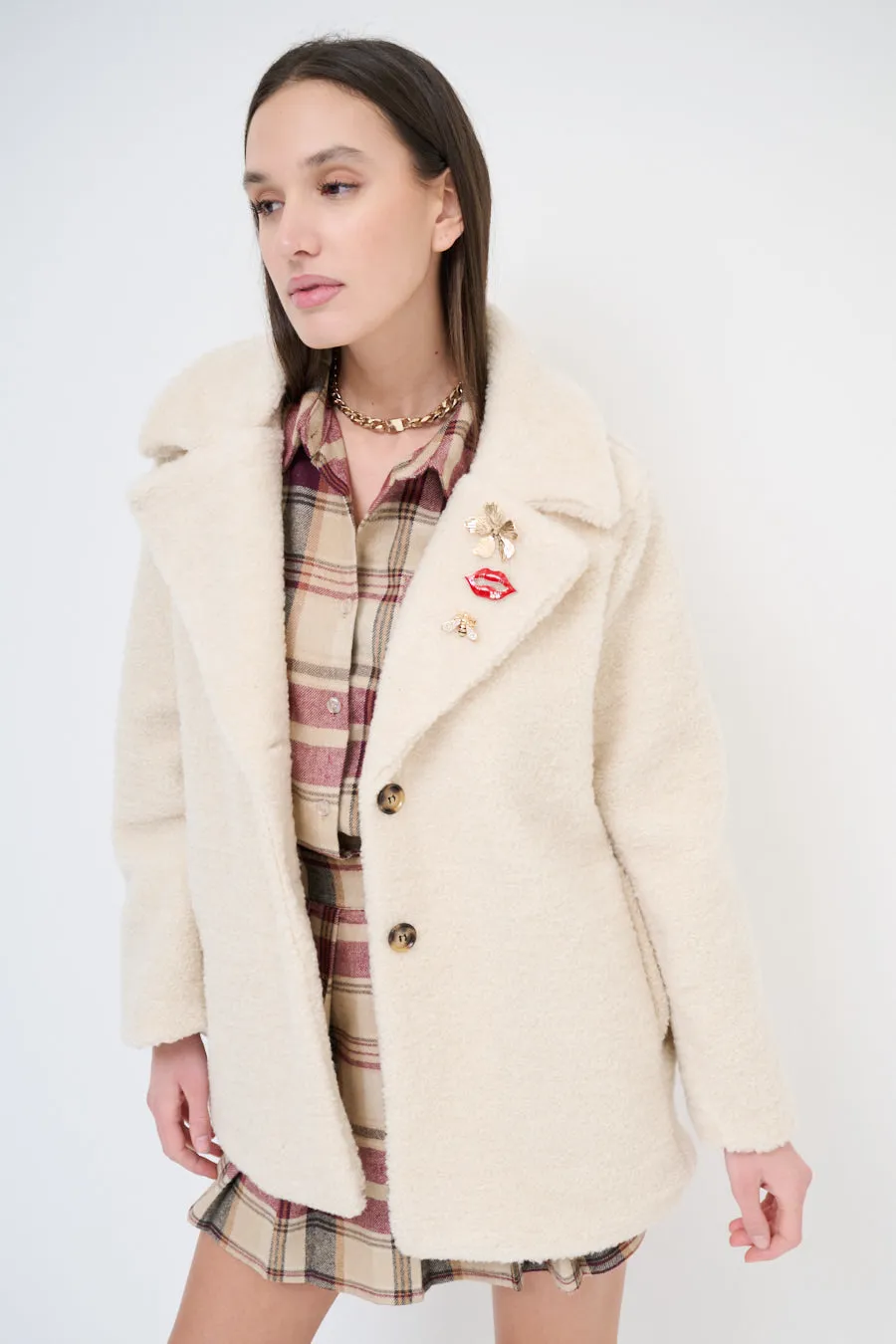 Textured double-breasted coat with lapel collar wholesale