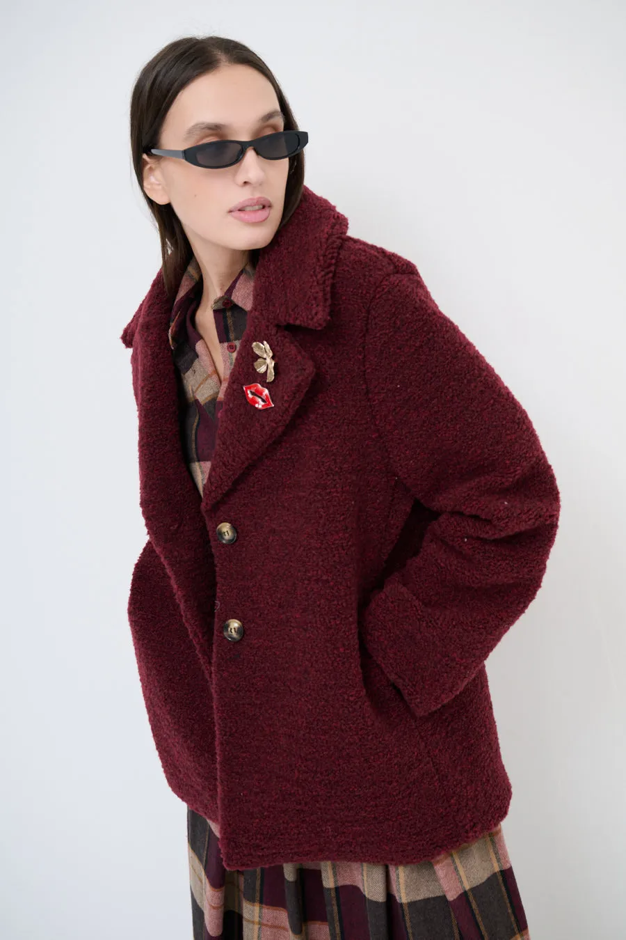 Textured double-breasted coat with lapel collar wholesale