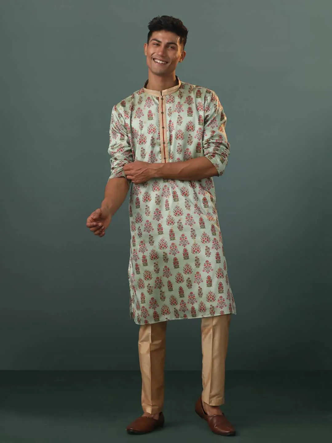 VASTRAMAY Aqua Silk Floral Kurta Pant Set