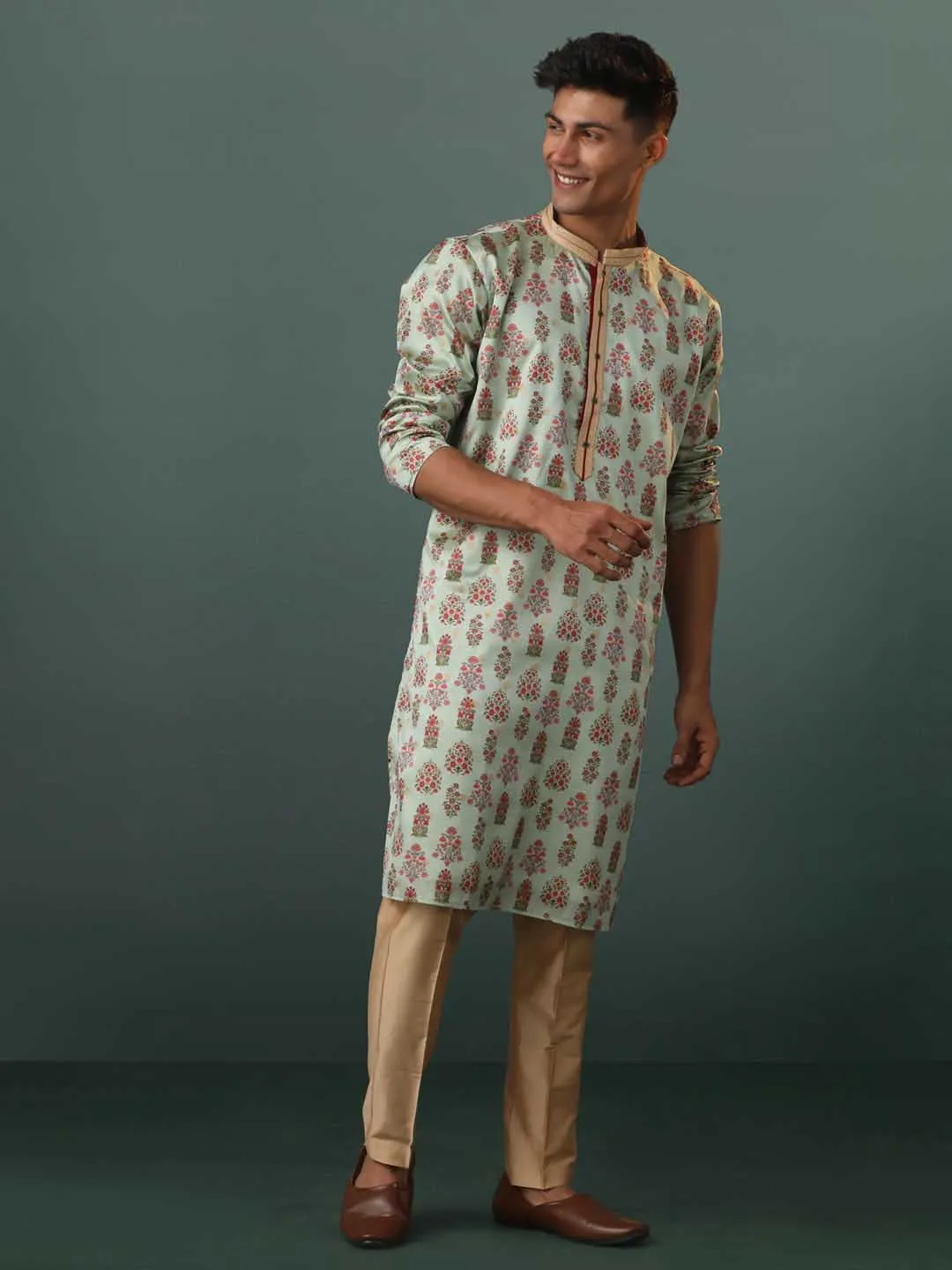 VASTRAMAY Aqua Silk Floral Kurta Pant Set