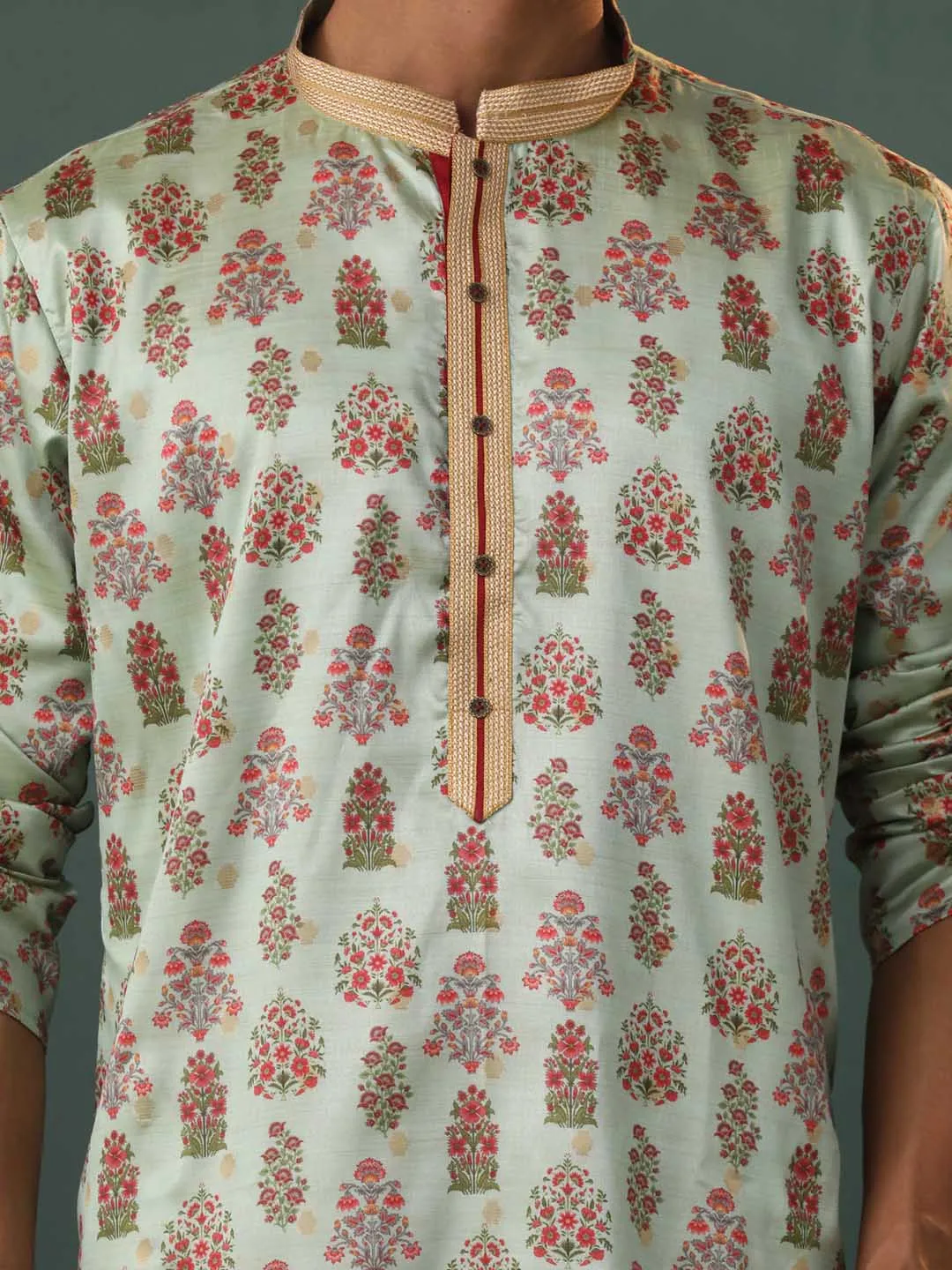 VASTRAMAY Aqua Silk Floral Kurta Pant Set