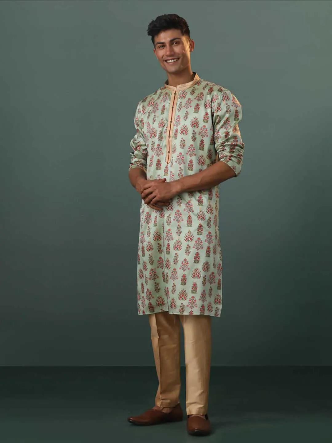 VASTRAMAY Aqua Silk Floral Kurta Pant Set