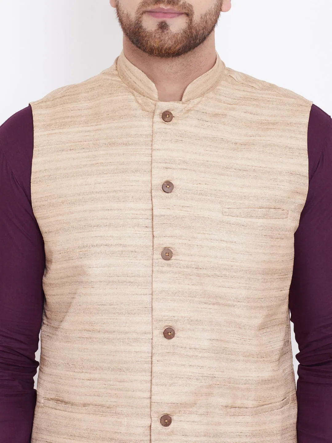 VASTRAMAY Beige, Purple And White Baap Beta Nehru Jacket Kurta Pyjama set