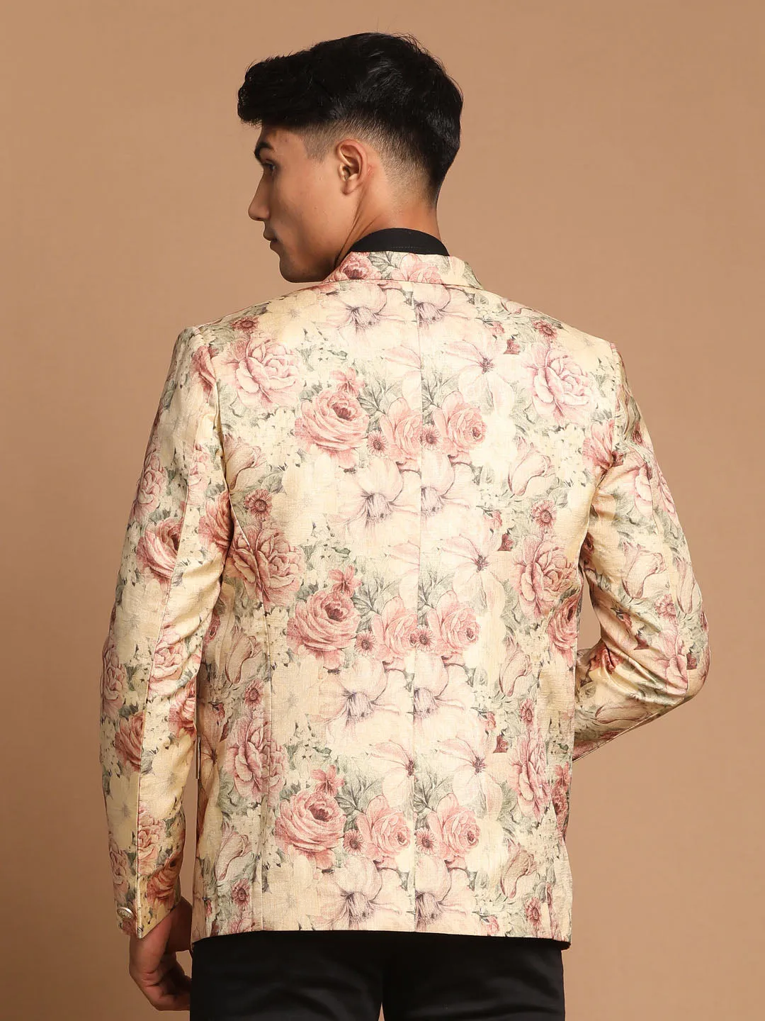 VASTRAMAY Beige Silk Blend Floral Print Baap Beta Blazer Set