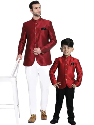 VASTRAMAY Maroon Silk Blend Jodhpuri Baap Beta Set