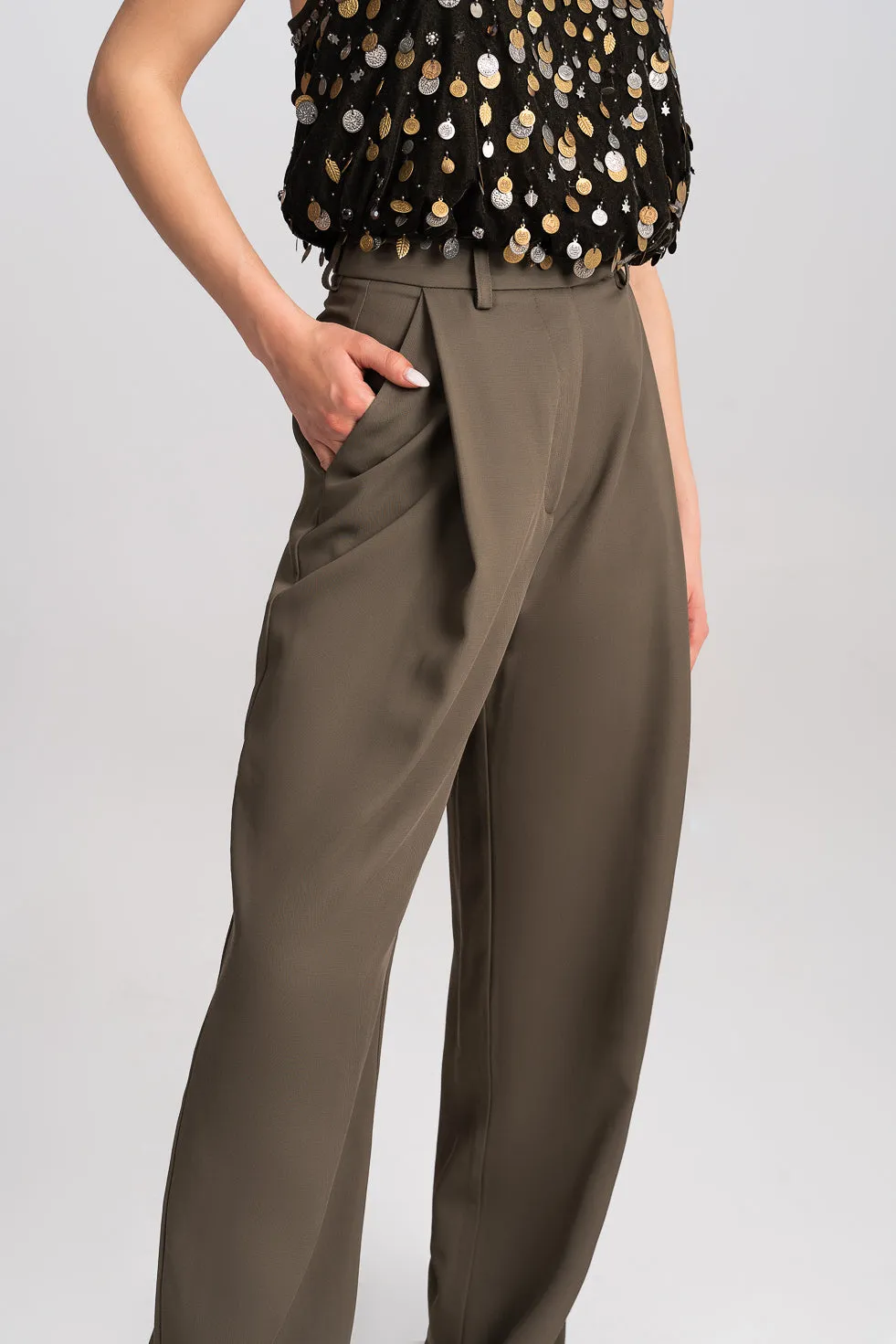 'Zahra' Khaki Pleated Wide-leg Trousers