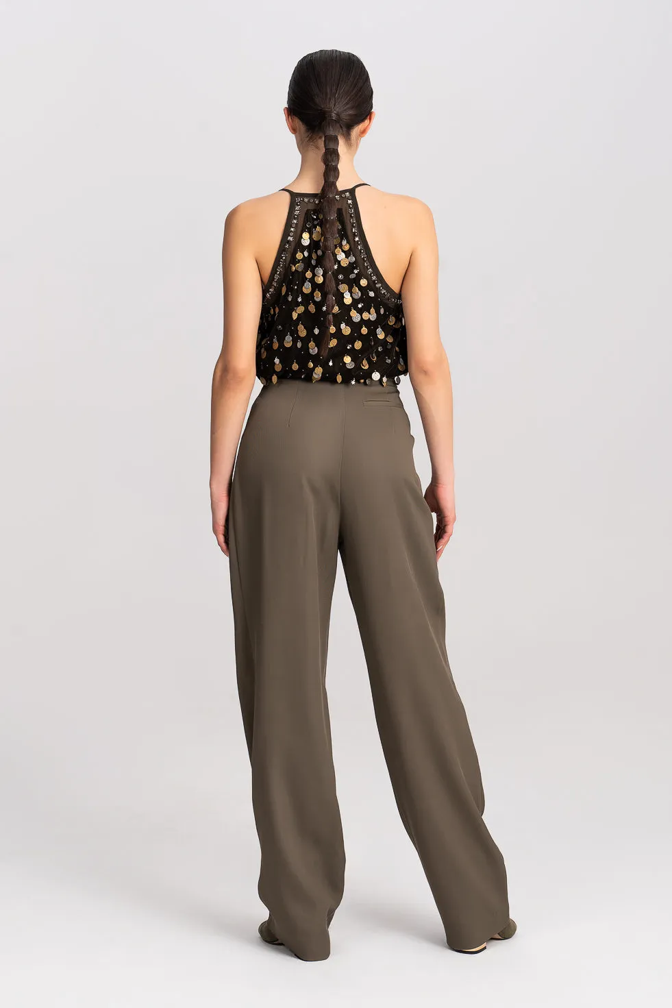 'Zahra' Khaki Pleated Wide-leg Trousers