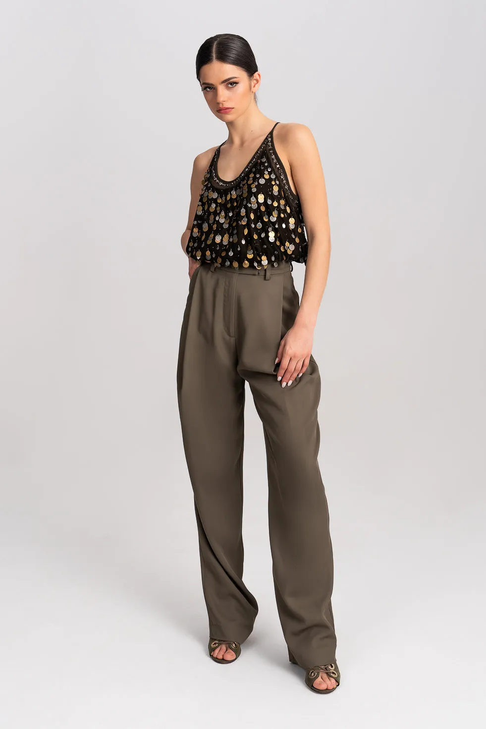 'Zahra' Khaki Pleated Wide-leg Trousers